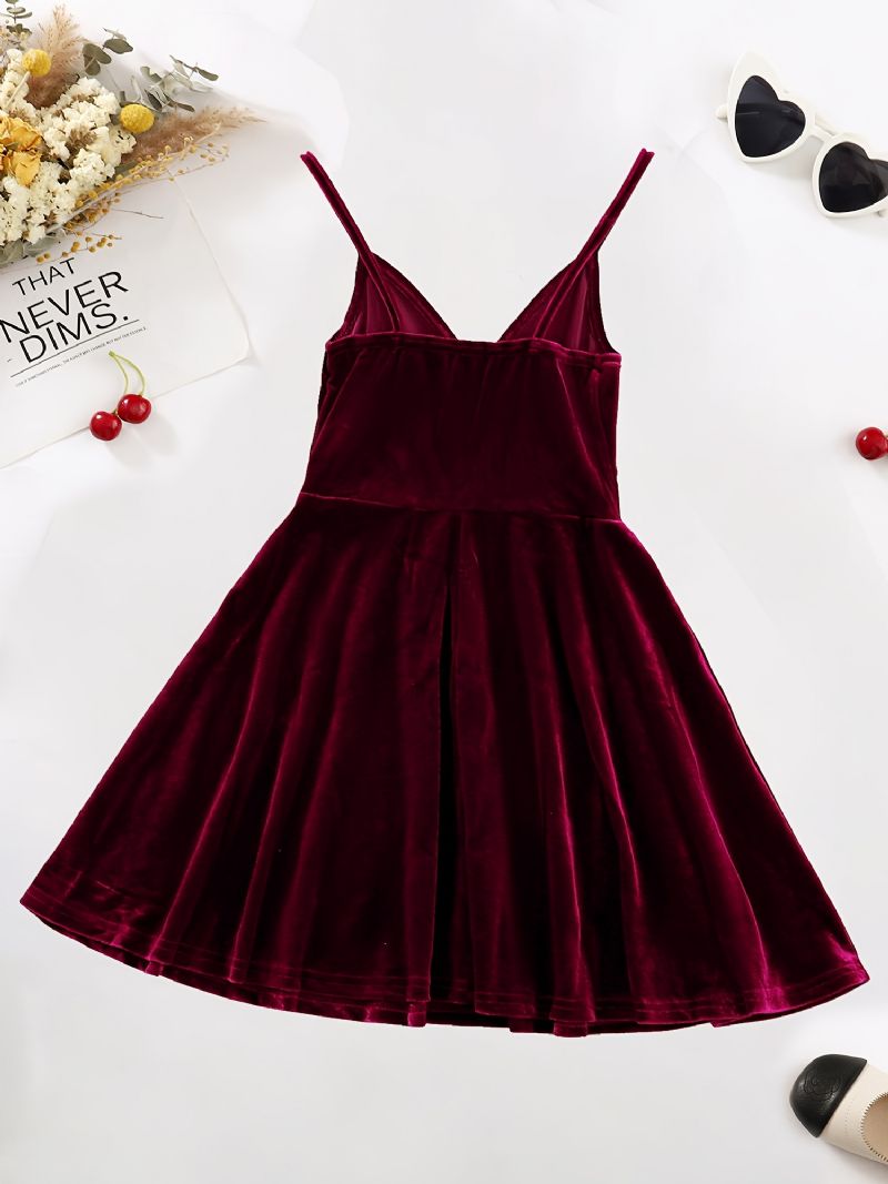 Piger Burgundy Velvet Spaghetti Stap Cami Dress Børnetøj