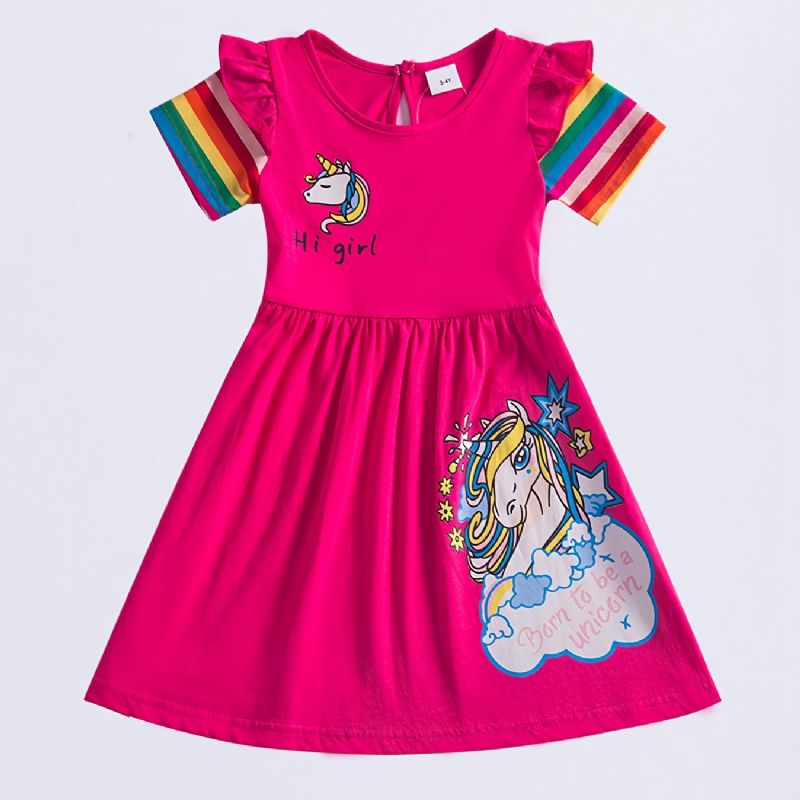 Piger Casual Cartoon Bomuldskjole Med Unicorn Rainbow Hi Print