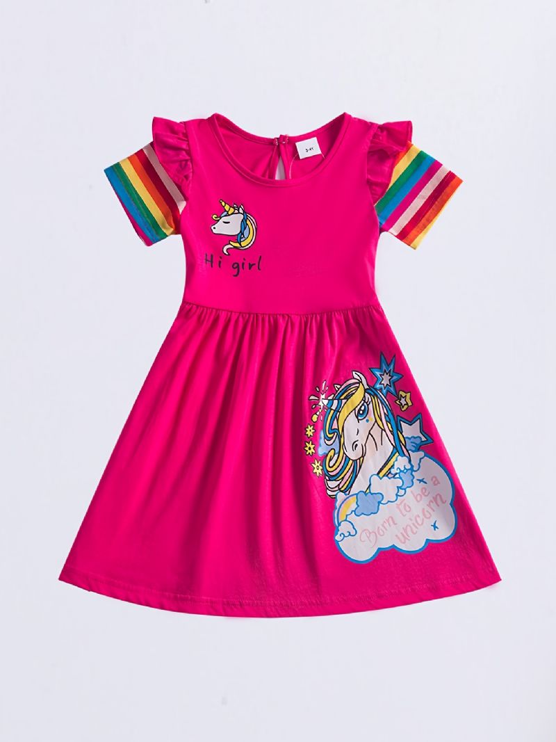 Piger Casual Cartoon Bomuldskjole Med Unicorn Rainbow Hi Print