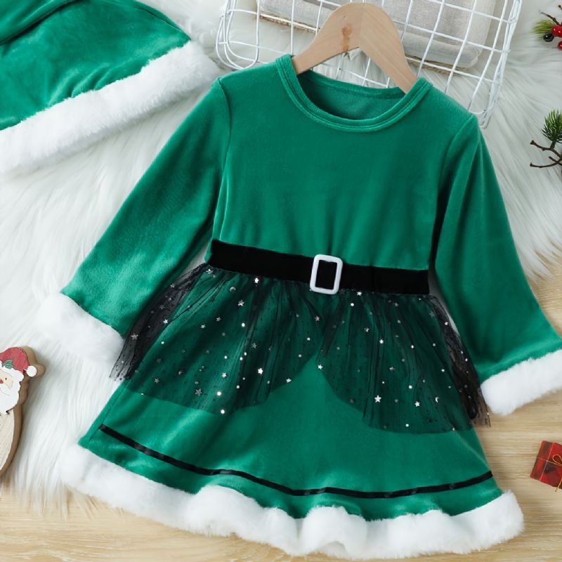 Piger Elegant Gorgeous Velvet Mesh Princess Dress & Nissehue Til Julefest