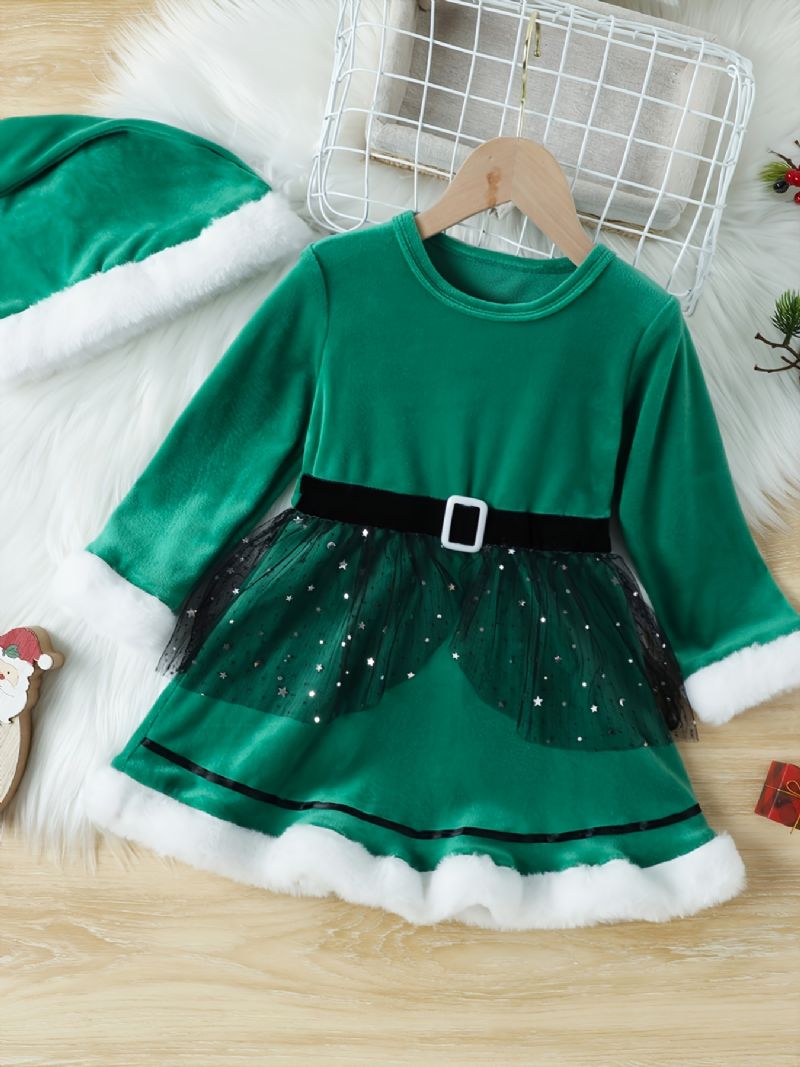 Piger Elegant Gorgeous Velvet Mesh Princess Dress & Nissehue Til Julefest