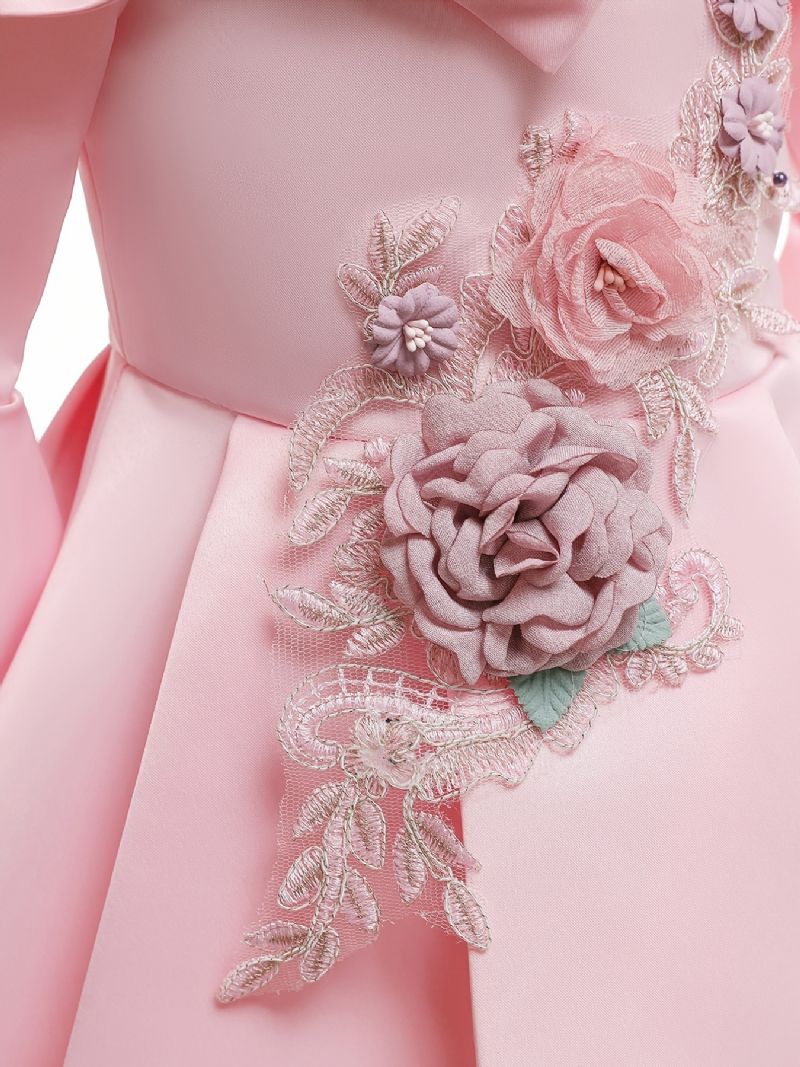 Piger Elegant Lang Blomster Broderet Kjole En-skulder Kostumer Til Fest Performance Pink