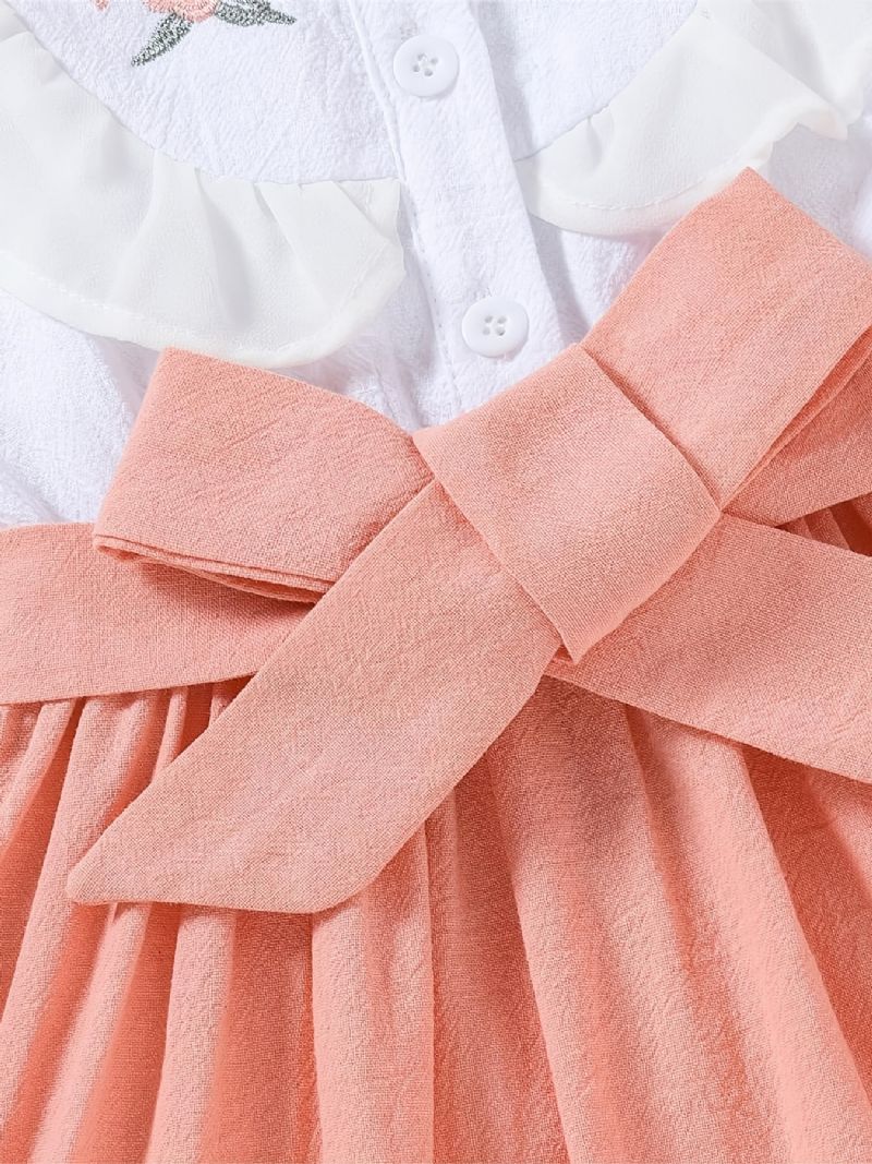 Piger Flower Brodery Flæse Trim Med Bowknot Bælte Kjole Tøj