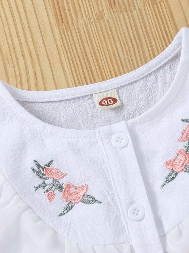 Piger Flower Brodery Flæse Trim Med Bowknot Bælte Kjole Tøj