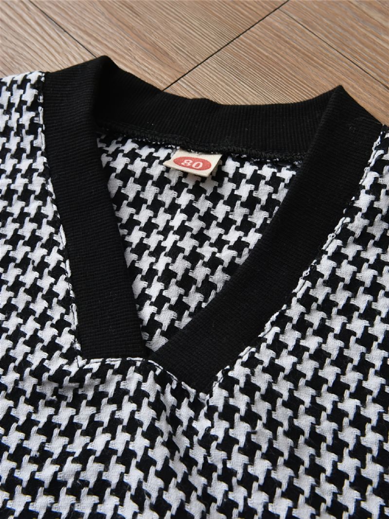 Piger Houndstooth Vest Hvid Langærmet Skjortekjole