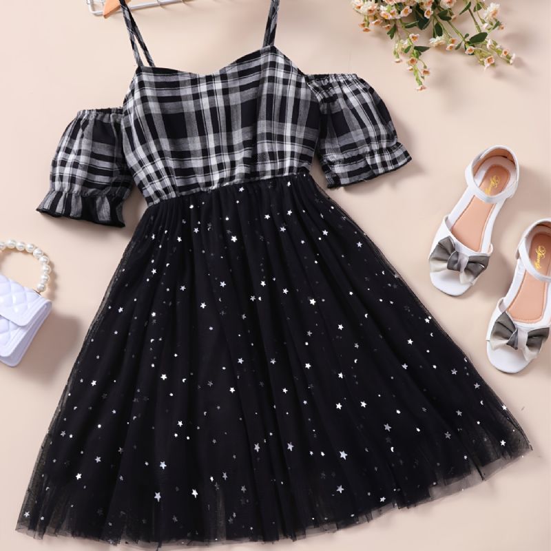 Piger Plaid Off The Shoulder Elegant Mesh Suspender Dress