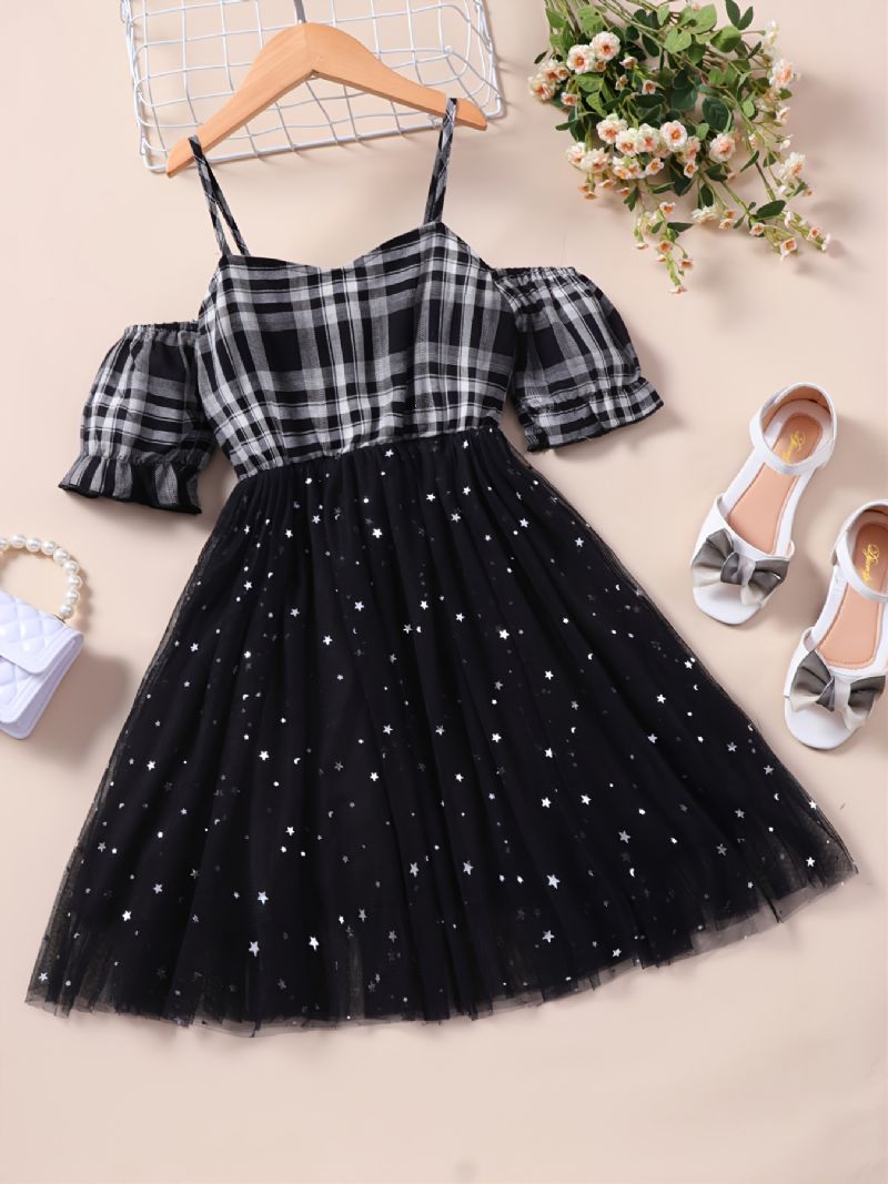 Piger Plaid Off The Shoulder Elegant Mesh Suspender Dress