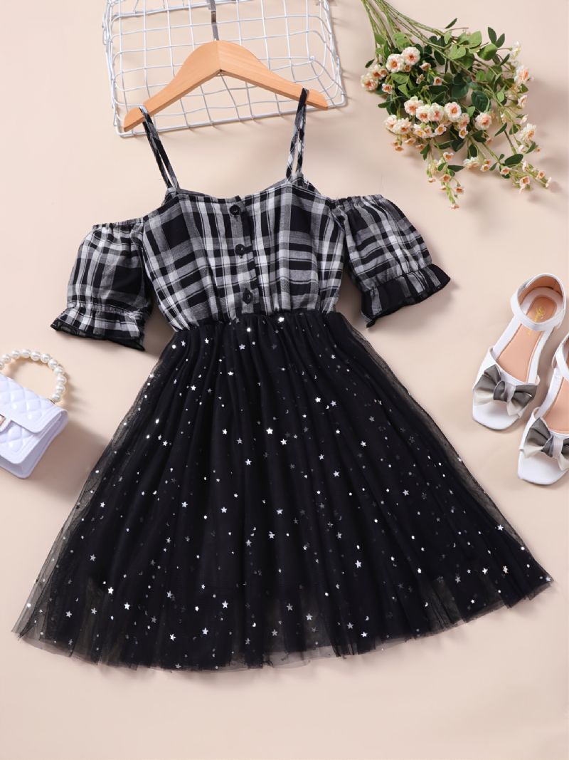 Piger Plaid Off The Shoulder Elegant Mesh Suspender Dress