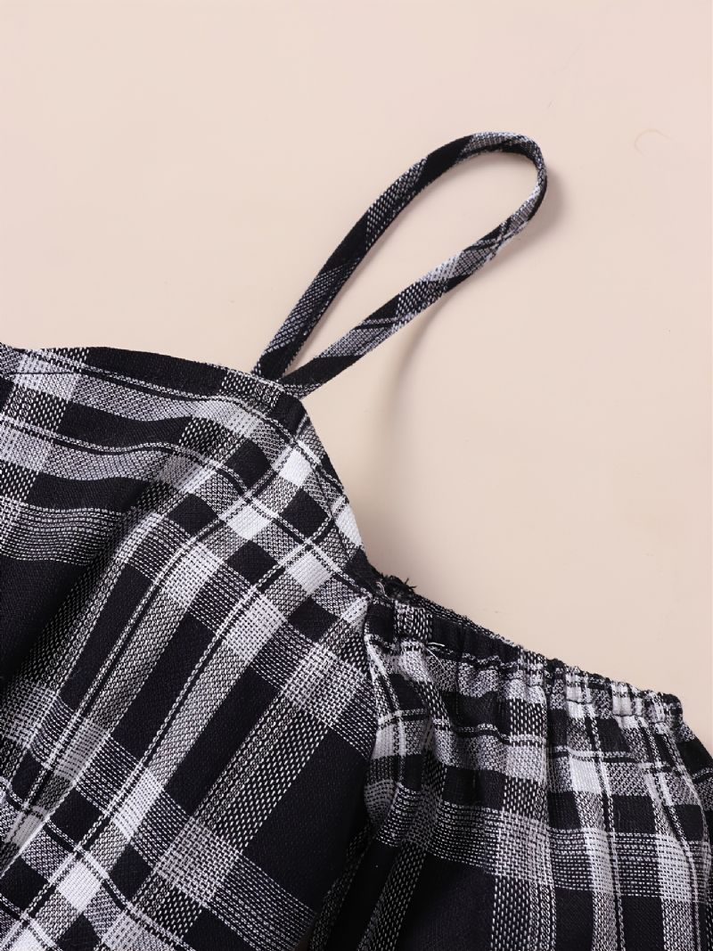 Piger Plaid Off The Shoulder Elegant Mesh Suspender Dress