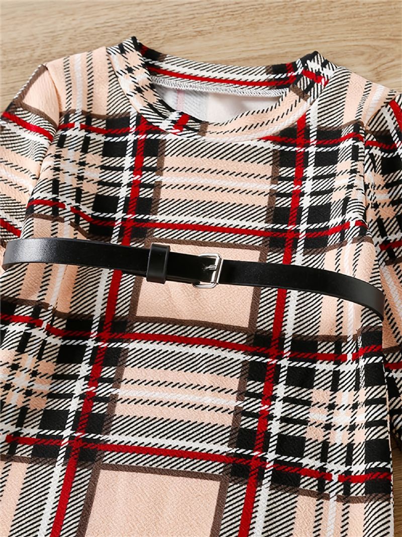 Piger Plaid Pullover Kjole Med Bælte Til Efterår Vinter Ny