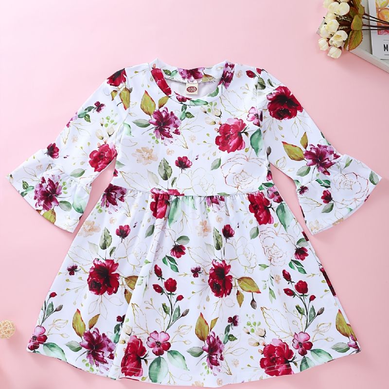 Piger Rose Print Pullover Flared Sleeve Dress