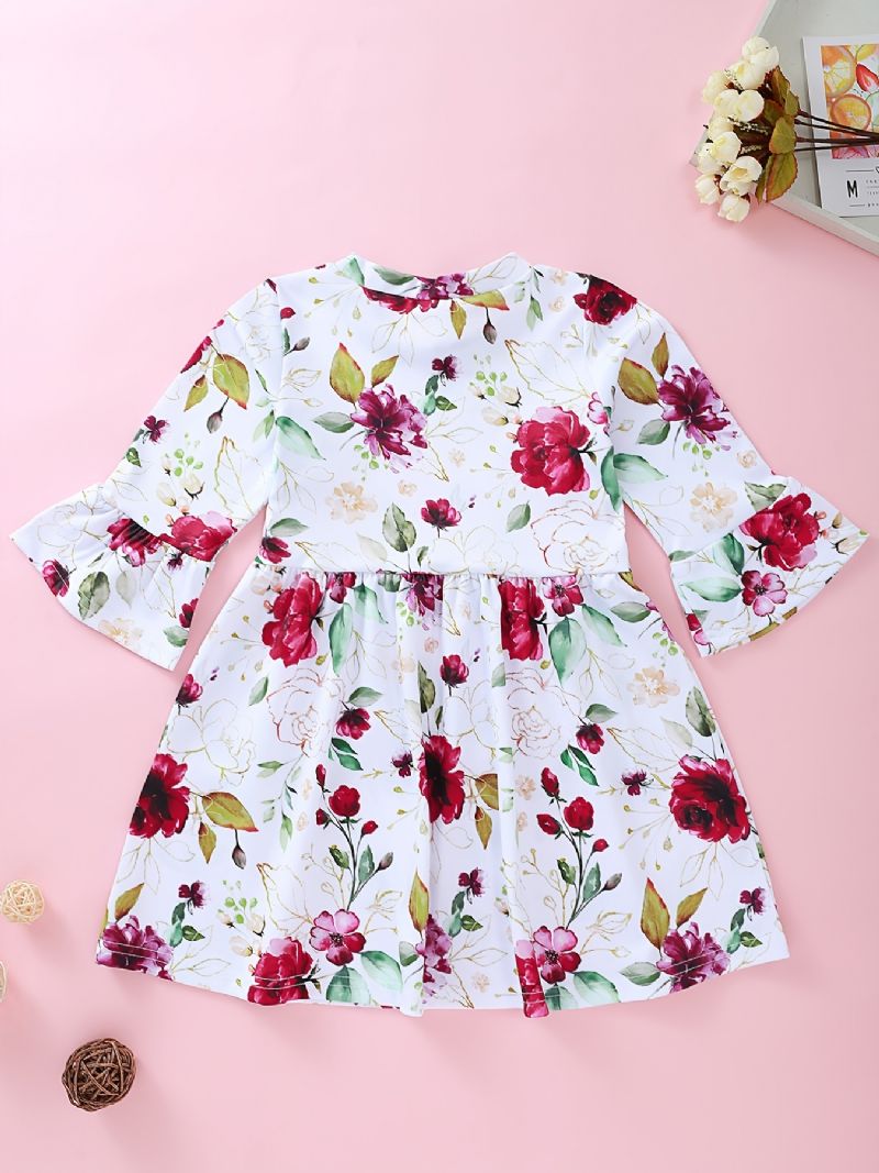 Piger Rose Print Pullover Flared Sleeve Dress