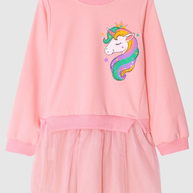 Piger Unicorn Print Pink Tulle Mesh Kjole Børnetøj