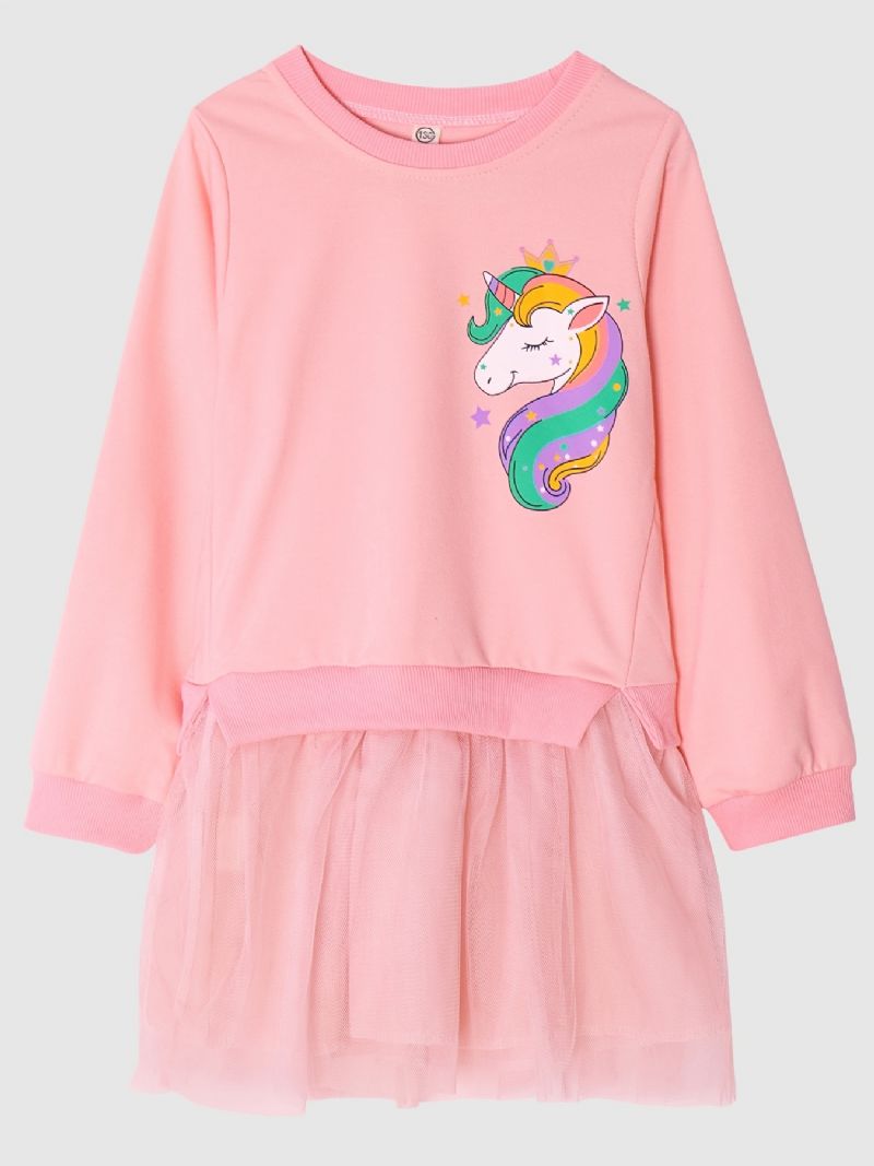 Piger Unicorn Print Pink Tulle Mesh Kjole Børnetøj