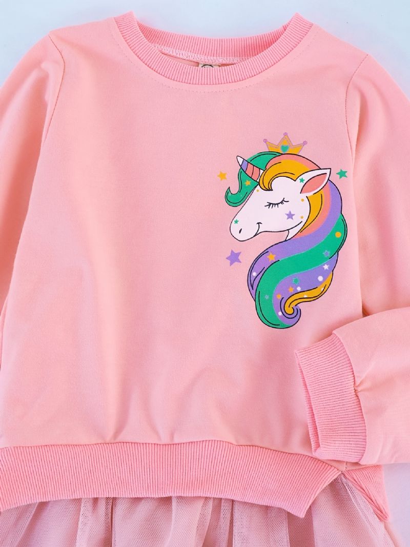 Piger Unicorn Print Pink Tulle Mesh Kjole Børnetøj