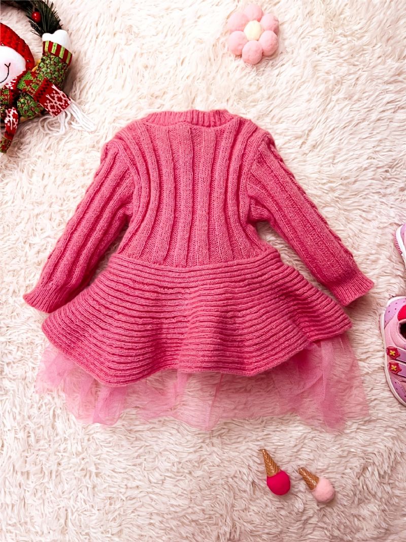 Spædbarn Baby Piger Sweater Strikket Kjole Flæse Hem Splejsning Tyl Vinter Børnetøj