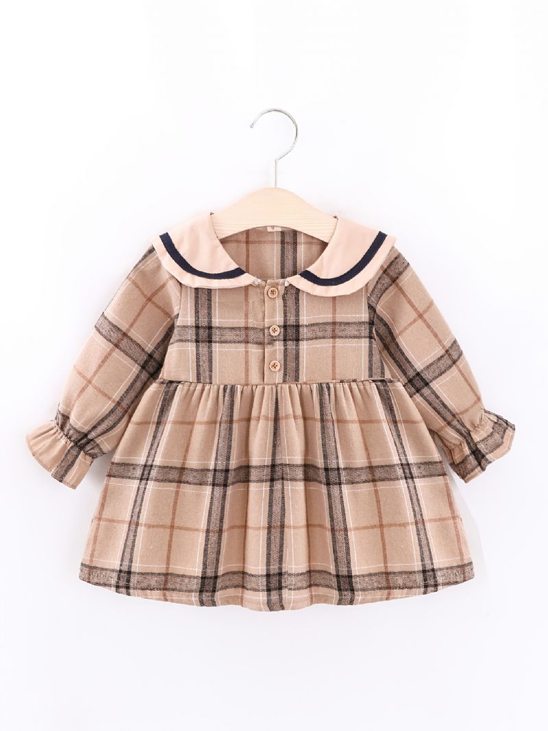 Spædbørn Baby Piger Plaid Kjole Langærmet Lapel Princess Dress & Bear Bag Børnetøj