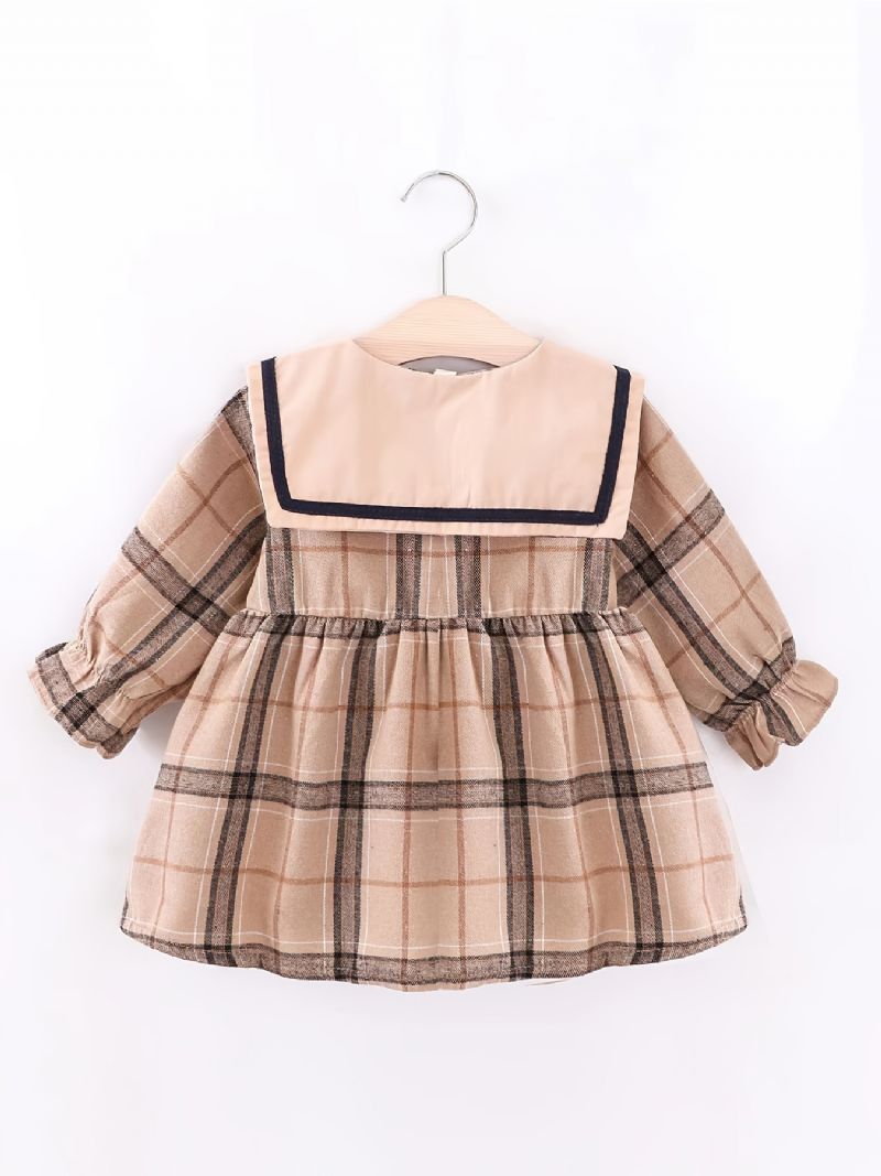 Spædbørn Baby Piger Plaid Kjole Langærmet Lapel Princess Dress & Bear Bag Børnetøj