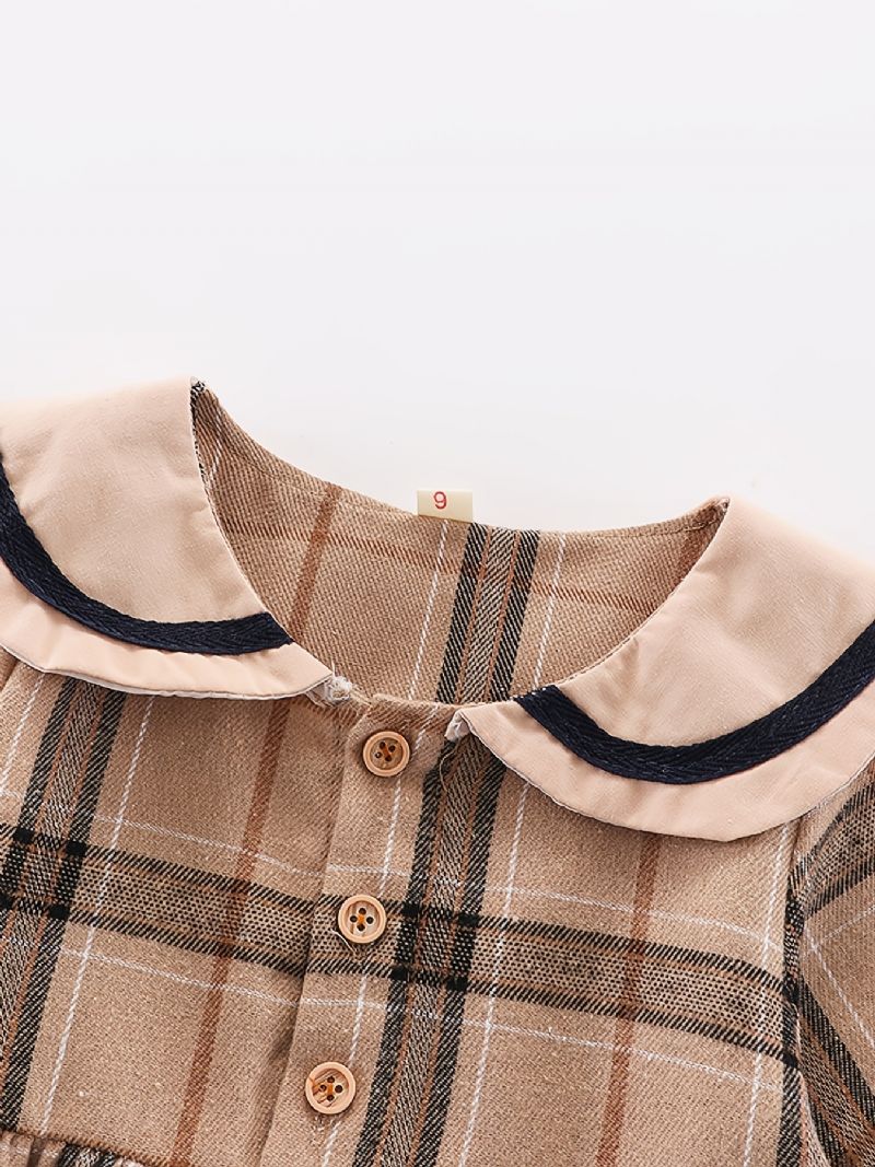 Spædbørn Baby Piger Plaid Kjole Langærmet Lapel Princess Dress & Bear Bag Børnetøj