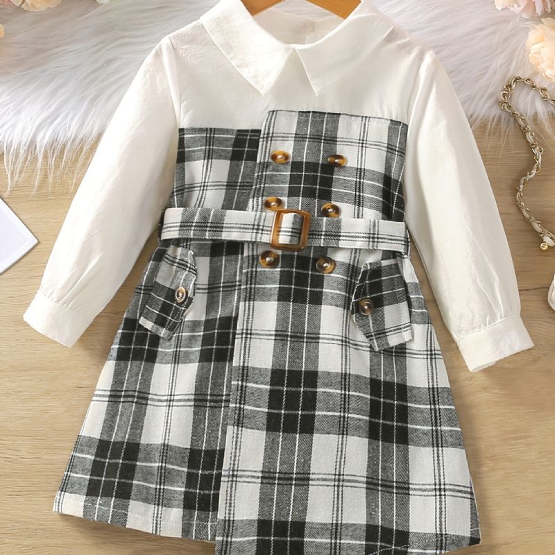 Toddler Baby Piger Syning Plaid Lapel Langærmede Kjole