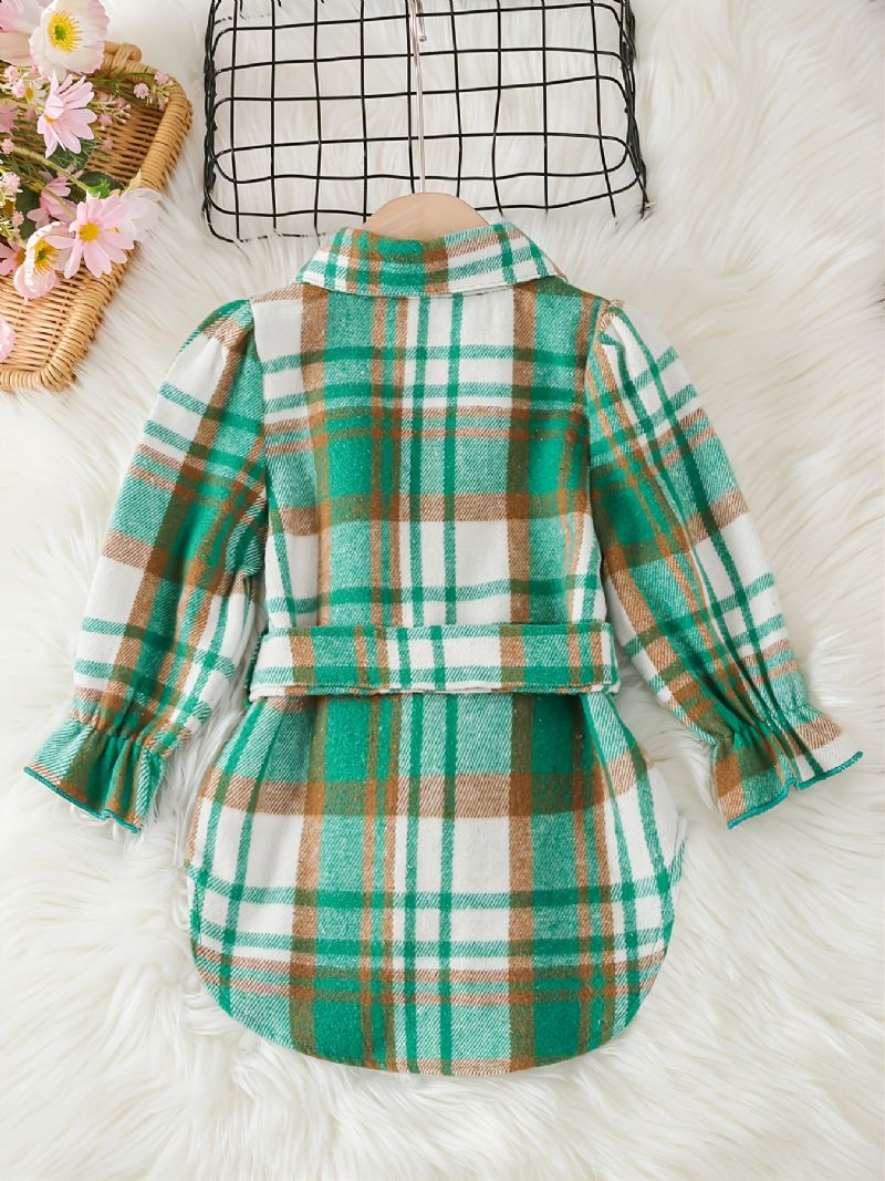 Toddler Piger Gingham Collared Pufærmet Bluse Kjole & Bælte