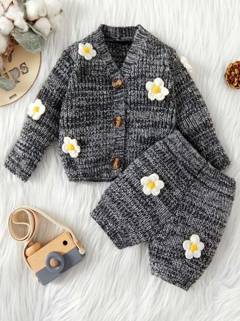 Unisex Baby Blomsterdesign Strik Sweater Cardigan + Matchende Bukser Sæt Babytøj Til Vinter