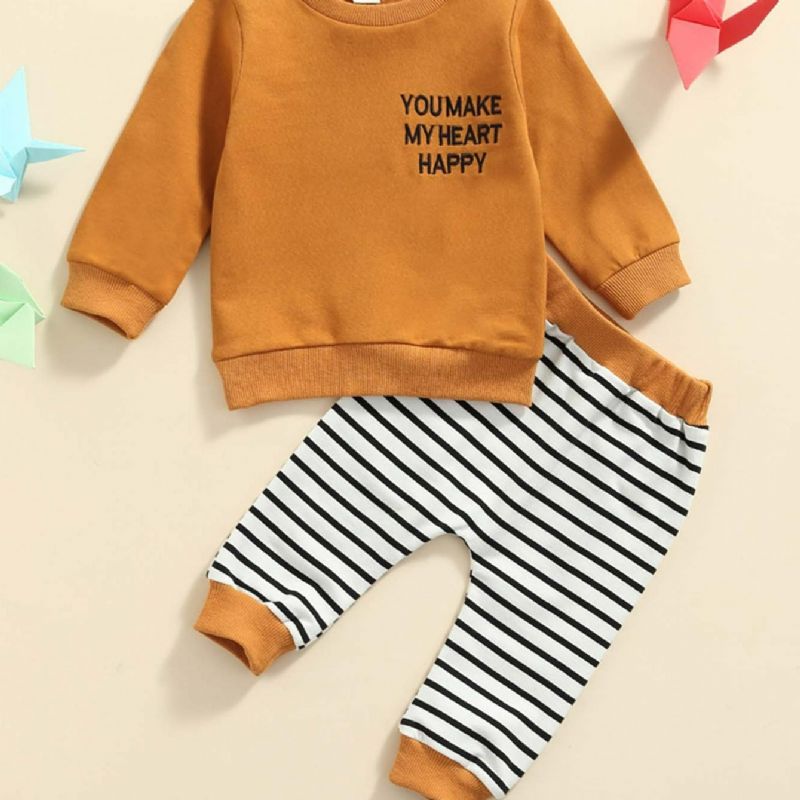 2 Stk Baby Alphabet Print Langærmet Sweatshirt & Stribede Bukser Sæt