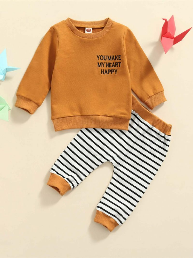 2 Stk Baby Alphabet Print Langærmet Sweatshirt & Stribede Bukser Sæt