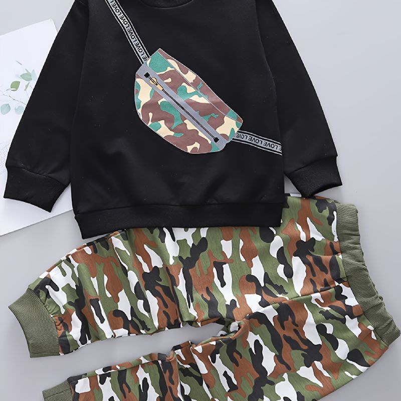 2 Stk Baby Camouflage Skoletaske Print Pullover Rundhalset Langærmet Sweatshirt & Bukser Sæt Til Drenge