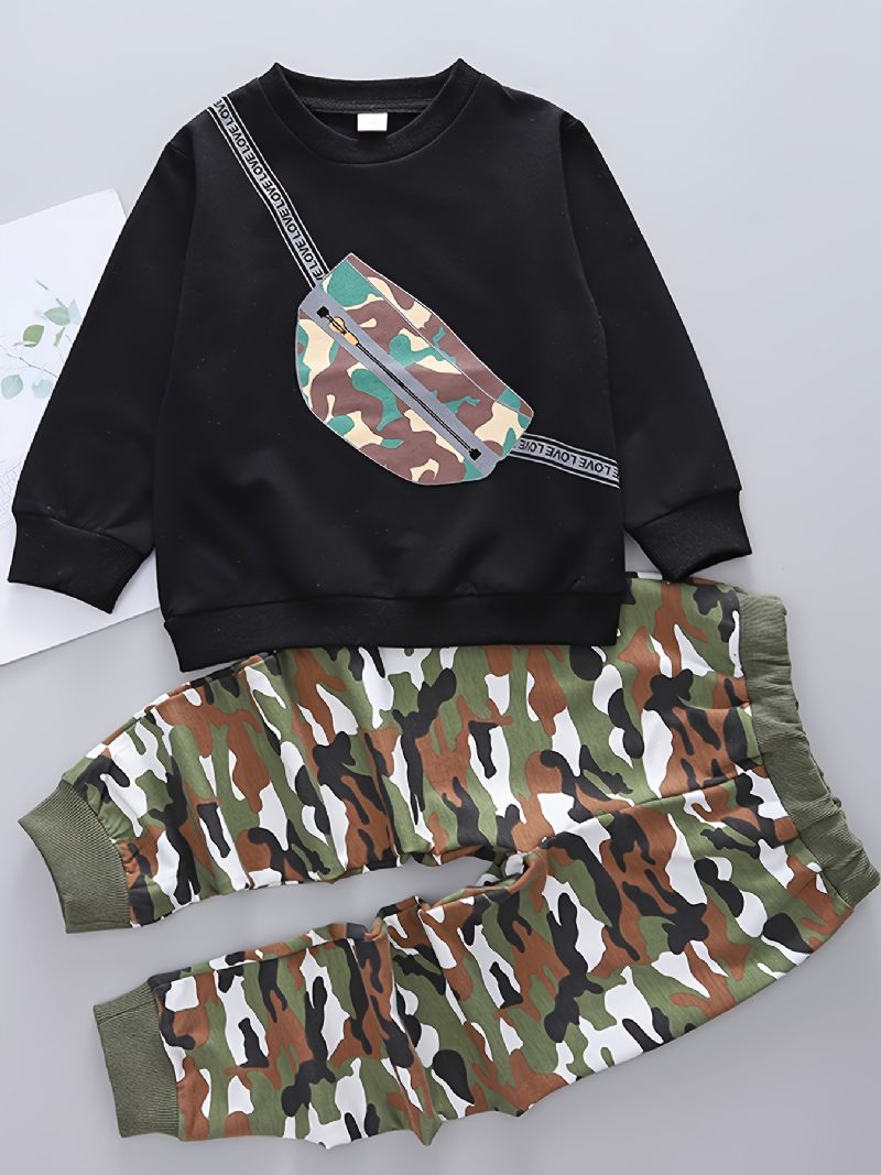 2 Stk Baby Camouflage Skoletaske Print Pullover Rundhalset Langærmet Sweatshirt & Bukser Sæt Til Drenge