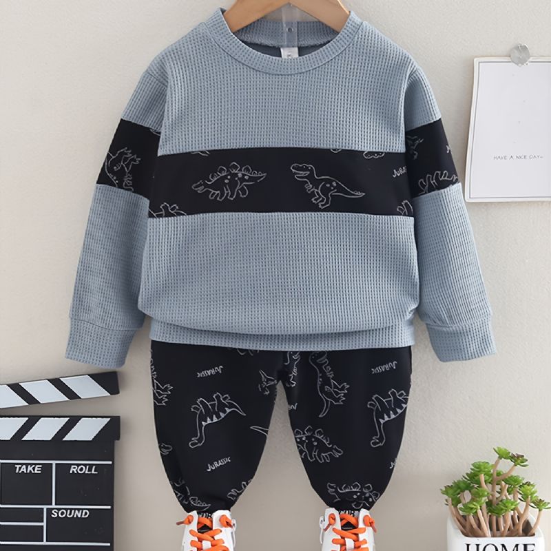 2 Stk Baby Dinosaur Print Splejsningstrøje Rundhalset Langærmet Sweatshirt & Buksesæt Til Piger Drenge