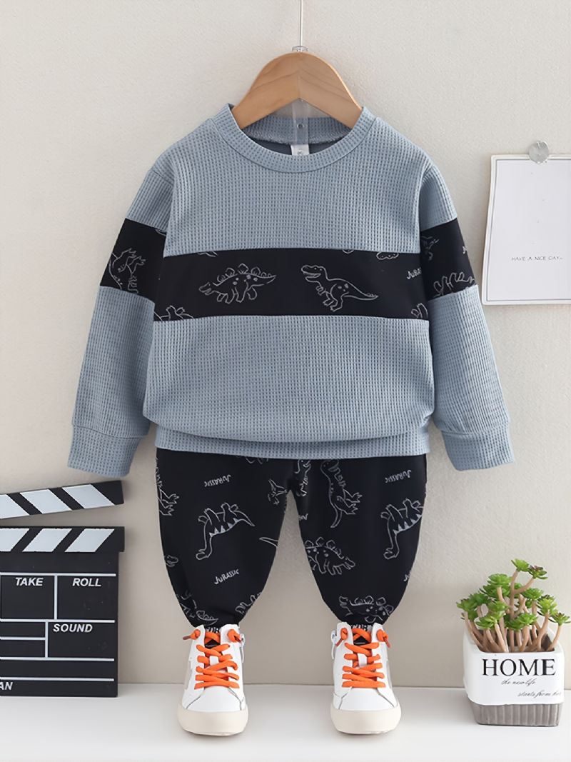 2 Stk Baby Dinosaur Print Splejsningstrøje Rundhalset Langærmet Sweatshirt & Buksesæt Til Piger Drenge