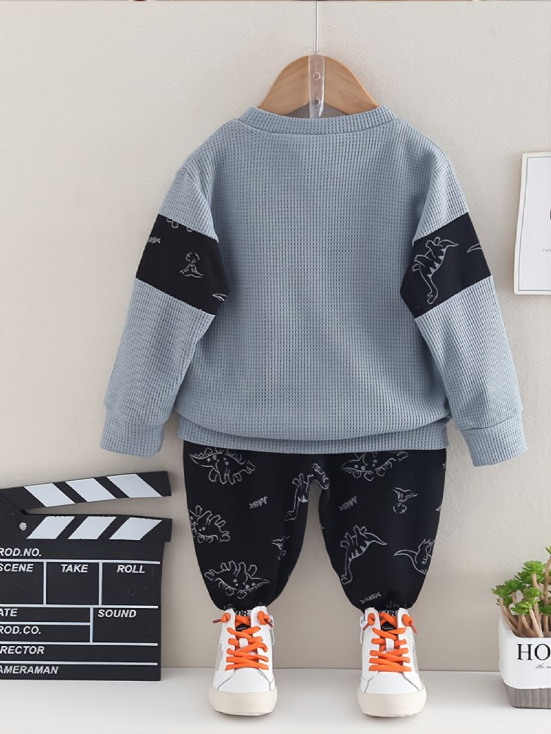 2 Stk Baby Dinosaur Print Splejsningstrøje Rundhalset Langærmet Sweatshirt & Buksesæt Til Piger Drenge