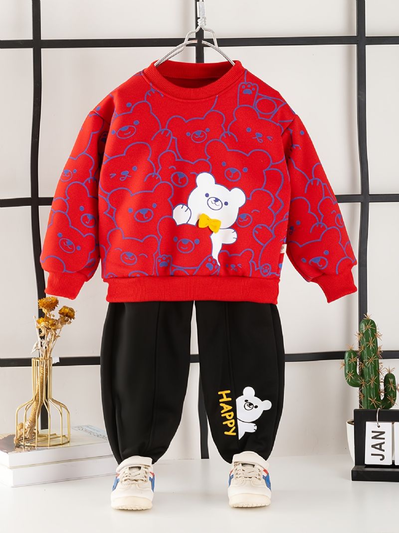 2 Stk Baby Drenge Bear Print Pullover Rundhalset Langærmet Sweatshirt & Buksesæt Børnetøj