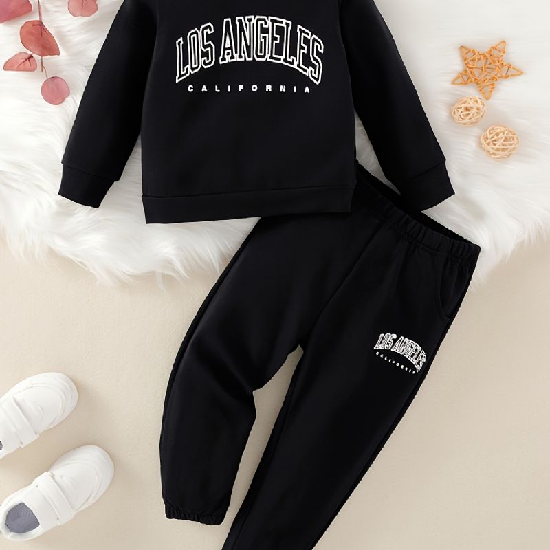 2 Stk Baby Drenge Brev Print Pullover Rundhalset Langærmet Sweatshirt & Bukser Sæt