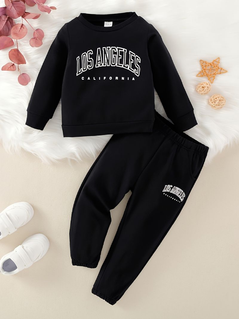 2 Stk Baby Drenge Brev Print Pullover Rundhalset Langærmet Sweatshirt & Bukser Sæt