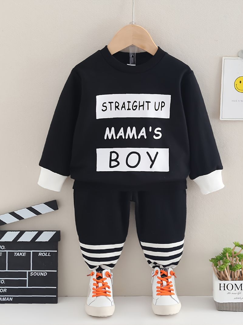 2 Stk Baby Drenge Brev Print Pullover Rundhalset Langærmet Sweatshirt & Bukser Sæt