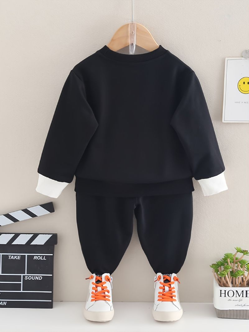 2 Stk Baby Drenge Brev Print Pullover Rundhalset Langærmet Sweatshirt & Bukser Sæt