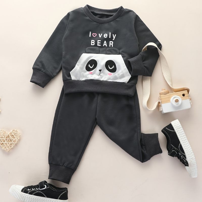 2 Stk Baby Drenge Brevtryk Panda Tegneserie Rundhalset Langærmet Pullover Sweatshirt Solid Elastisk Talje Bukser Sæt Tøj