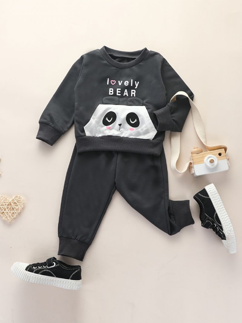 2 Stk Baby Drenge Brevtryk Panda Tegneserie Rundhalset Langærmet Pullover Sweatshirt Solid Elastisk Talje Bukser Sæt Tøj