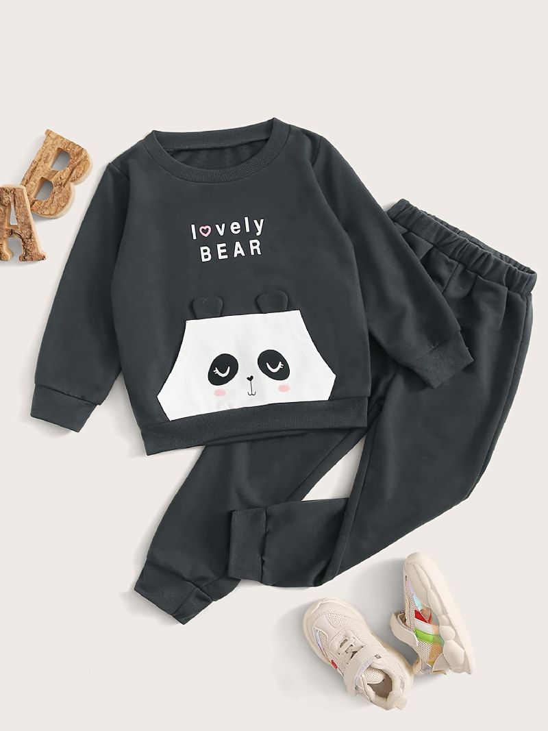 2 Stk Baby Drenge Brevtryk Panda Tegneserie Rundhalset Langærmet Pullover Sweatshirt Solid Elastisk Talje Bukser Sæt Tøj