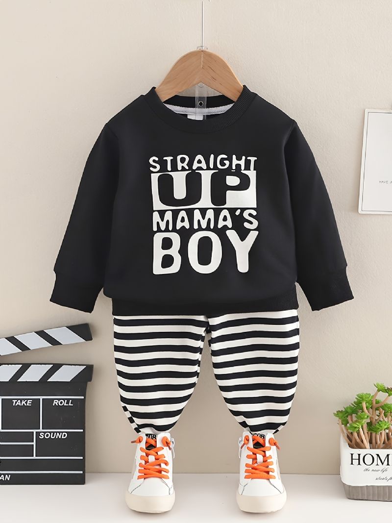 2 Stk Baby Drenge Brevtryk Pullover Rundhalset Langærmet Sweatshirt & Stribede Bukser Børnetøj Sæt