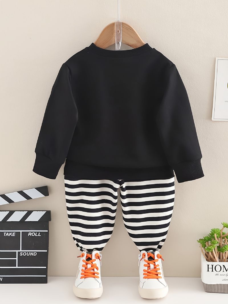 2 Stk Baby Drenge Brevtryk Pullover Rundhalset Langærmet Sweatshirt & Stribede Bukser Børnetøj Sæt