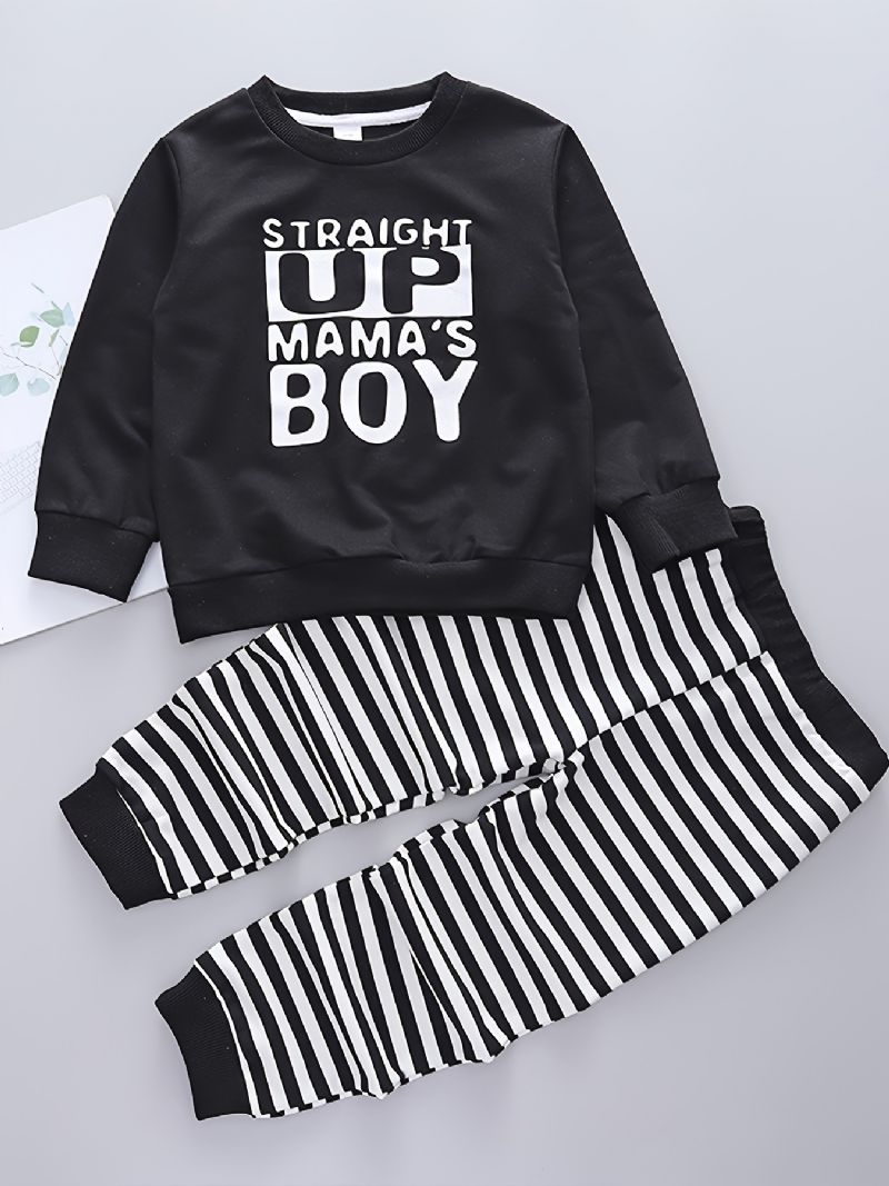 2 Stk Baby Drenge Brevtryk Pullover Rundhalset Langærmet Sweatshirt & Stribede Bukser Børnetøj Sæt