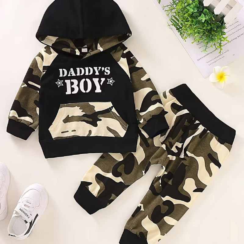 2 Stk Baby Drenge Causal Active Sæt Med Camouflage Letter Print Hættetrøje & Joggingbukser Til Vinter