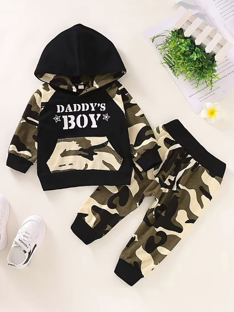 2 Stk Baby Drenge Causal Active Sæt Med Camouflage Letter Print Hættetrøje & Joggingbukser Til Vinter