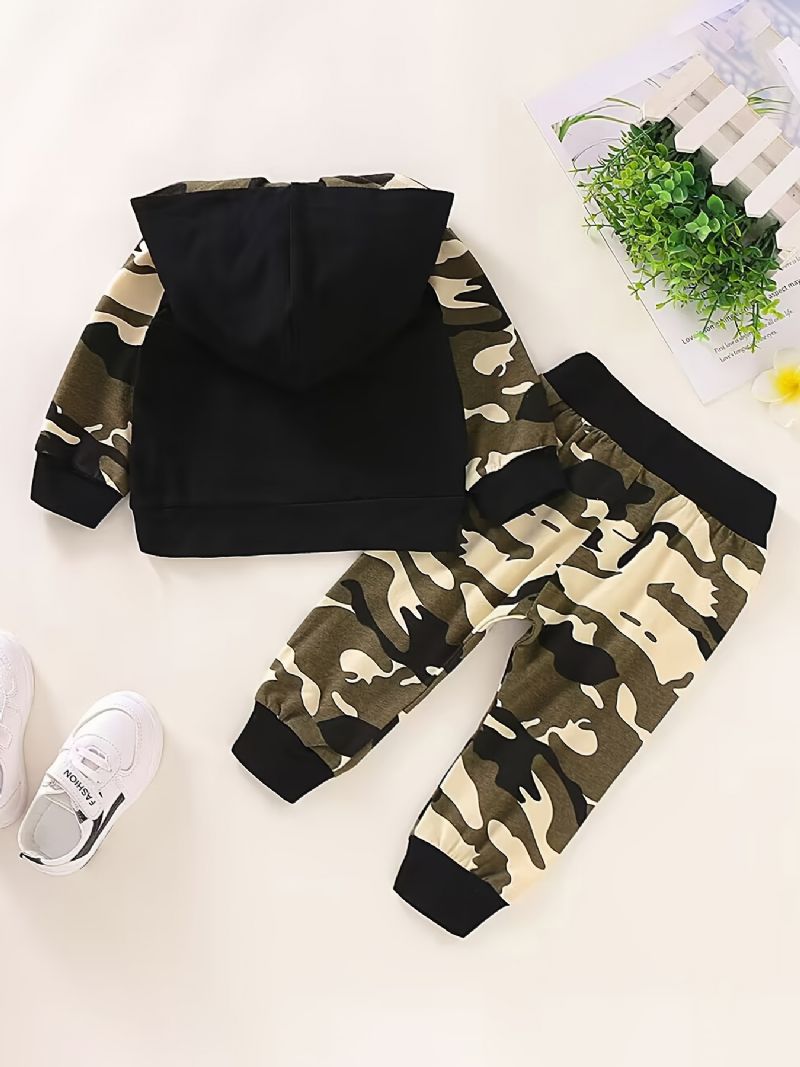 2 Stk Baby Drenge Causal Active Sæt Med Camouflage Letter Print Hættetrøje & Joggingbukser Til Vinter