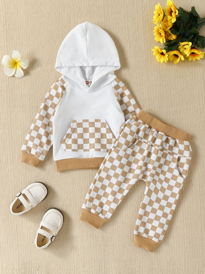 2 Stk Baby Drenge Farveblok Lomme Hættetrøje Langærmet Plaid Print Sweatshirt Top & Bukser Sæt Børnetøj