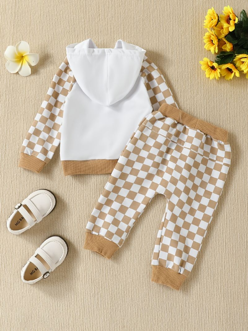 2 Stk Baby Drenge Farveblok Lomme Hættetrøje Langærmet Plaid Print Sweatshirt Top & Bukser Sæt Børnetøj