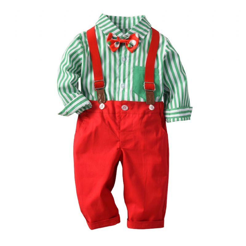 2 Stk Baby Drenge Herre Outfit Formelt Jakkesæt Langærmet Stribet Plaid Skjorte Suspender Bukser Butterfly Overalls Tøjsæt